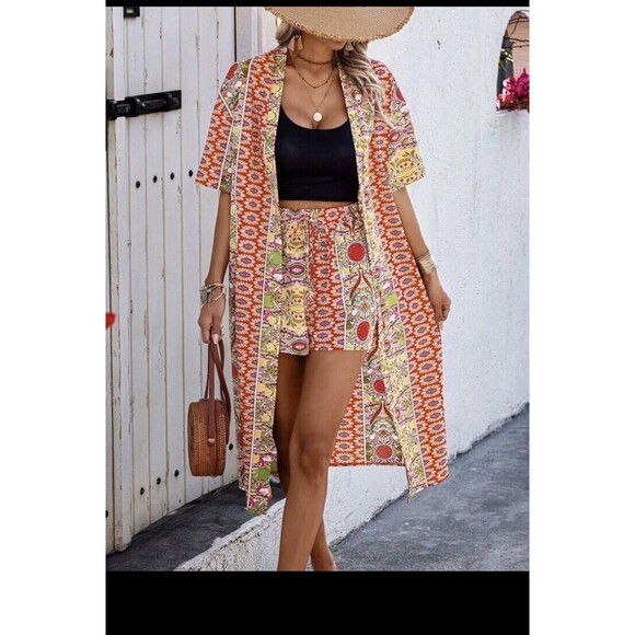 Shein Curve Lune Women Floral Open Front Kimono Shorts Set Pockets Duster 1XL - Picture 8 of 16